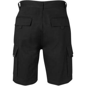 Black cargo shorts featuring multiple pockets and a waistband with loops, showcasing a plain back view.