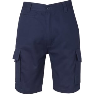 Navy cargo shorts featuring side pockets and a button closure. Includes branding details.