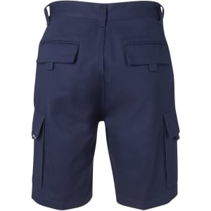 Navy cargo shorts featuring multiple side and back pockets, with a clean, streamlined design. Includes a logo.