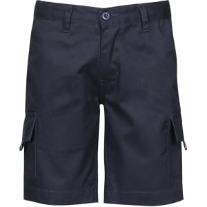 A pair of black cargo shorts featuring side pockets and a button closure, with a logo on the waistband.