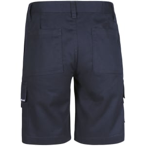 A pair of black cargo shorts featuring multiple pockets and a logo on the side.