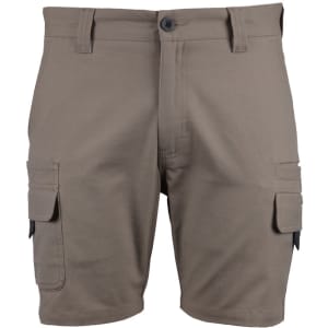 Khaki multi-pocket shorts featuring a button closure and cargo-style pockets, with a branded logo.