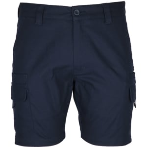 A pair of navy blue cargo shorts with multiple pockets and a button closure at the front, featuring branding.