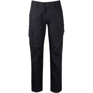 Black cargo pants featuring multiple pockets and a front button closure. Includes a branded logo on the waistband.