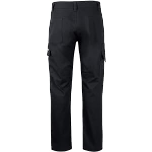 Black cargo pants featuring multiple pockets and a logo on the back.