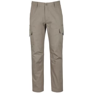 Khaki cargo pants featuring multiple pockets and a subtle logo. Made from stretch canvas material.