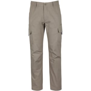 Light brown cargo pants featuring multiple pockets and a fitted design. Includes a logo on the waistband.