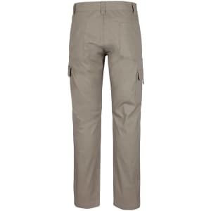 A pair of light beige cargo pants with multiple pockets and a logo, displayed from the back.