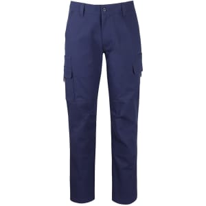 Navy blue cargo pants with multiple pockets and a fitted design, featuring a branding logo.