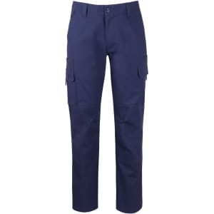 A pair of navy cargo pants featuring multiple pockets and straight legs, with a logo visible on the waistband.
