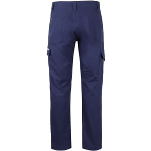 Navy cargo pants with multiple pockets and a brand logo, featuring a stretch canvas fabric.