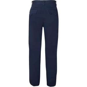 Navy work trousers featuring rear pockets and a subtle logo, designed for durability and comfort.
