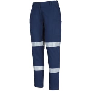 Navy cargo pants with reflective D+N tape detailing and multiple pockets, featuring a logo.