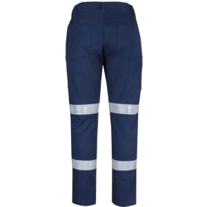 Navy cargo pants featuring reflective tape, with pockets on the sides and a logo. Back view displayed.