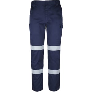 A pair of navy cargo pants featuring reflective D+N tape, with multiple pockets and a logo on the waistband.