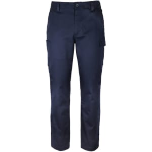 A pair of navy cargo pants featuring multiple pockets and a fitted design. The pants have a logo on them.