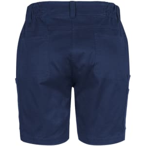 A pair of navy blue cargo shorts featuring multiple pockets and an elastic waistband.