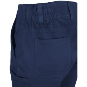 A navy blue multi-pocket stretch twill short with an elastic waistband and a back pocket. Features branding.