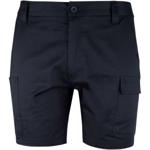 A pair of navy blue cargo shorts featuring multiple pockets and a button closure. Includes a logo.