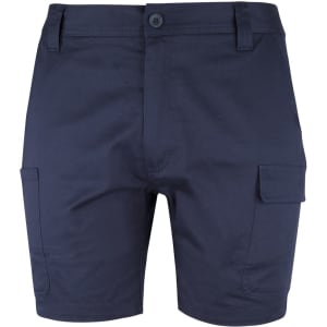A pair of navy multi-pocket stretch twill shorts featuring side cargo pockets and a button closure.