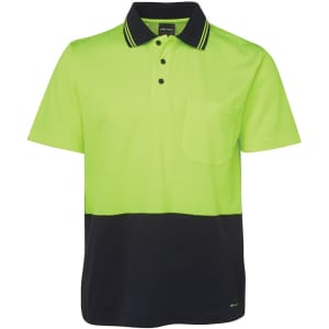 High visibility short-sleeve polo shirt in bright green with a black lower section and a breast pocket. Includes branding.