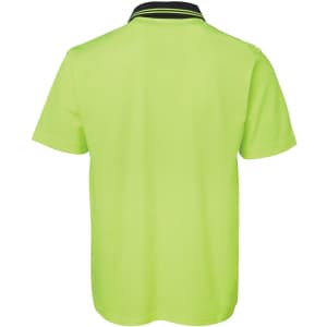 A bright yellow-green short-sleeve polo shirt with a black striped collar, featuring a branding logo.