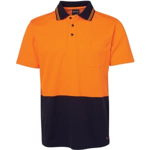 An orange and navy short-sleeve polo shirt with a pocket and a branded logo.
