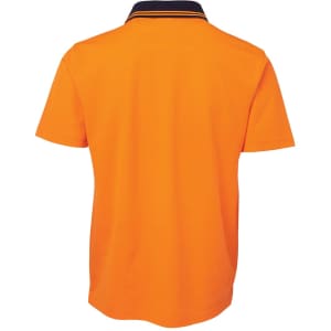 An orange short-sleeved polo shirt with a black collar and a logo on the back.