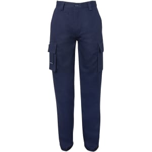 Navy cargo pants with multiple pockets and a straight cut design. Features a waistband with a button closure.