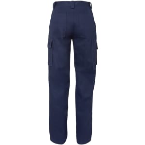 Navy cargo pants featuring multiple pockets and a classic fit, designed for women's wear. Includes branding.
