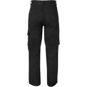 Black cargo pants featuring multi pockets, with a logo on the back. View shows the rear design and fit.