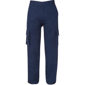 Navy cargo pants featuring multiple pockets and a classic cut, designed for comfort and utility. Includes branding.