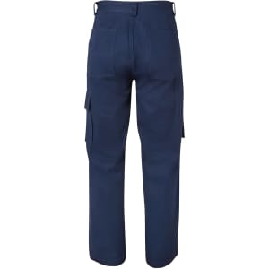 Navy cargo pants featuring multiple pockets and a logo on the back.