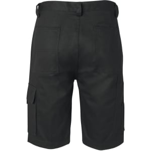 Black cargo shorts featuring multiple pockets and a sturdy design, with a logo. Back view displayed.