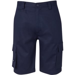 Navy cargo shorts featuring multiple pockets and a branded logo. Design includes a button and zip closure.