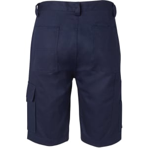 Navy blue cargo shorts featuring multiple pockets and a waist adjustment with a logo on the back.