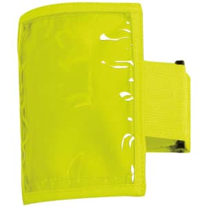 A bright yellow plastic pocket sleeve band with an elastic strap, designed for holding badges or identification.