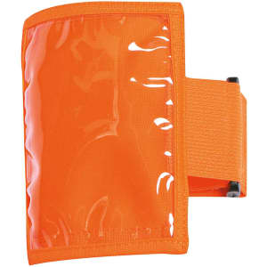 An orange plastic badge holder with a clear pocket and an adjustable strap. It has a logo on the surface.