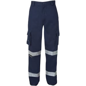 Navy work pants with reflective tape and multiple pockets, featuring a logo on the design.