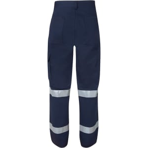 Navy work pants featuring reflective tape, designed for safety and comfort, with various pockets and a logo.