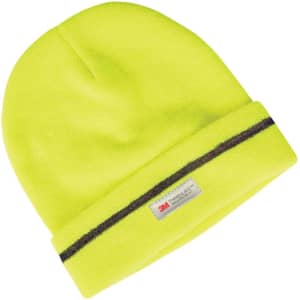 A lime green reflective beanie with a folded brim and a branding label.