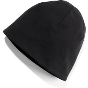A black knitted beanie with a soft texture, featuring a logo on the side, displayed at an angle.