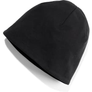 A black knitted beanie with a simple design and a snug fit, featuring a logo.