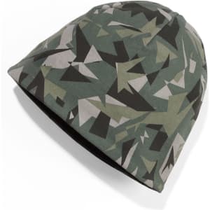 A green and grey camo-patterned knitted beanie with a soft finish and a logo on the side.
