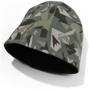 A green and grey camo patterned knitted beanie with a smooth inner lining and a logo.