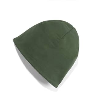 A green knitted beanie displayed flat, featuring a simple design and a branding logo.