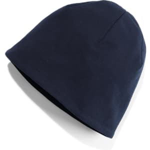 A navy blue knitted beanie, featuring a simple design and a logo. Ideal for casual wear.