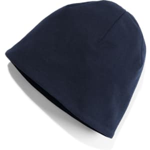 A knitted beanie in navy blue with a snug fit and a simple design. It features a logo on the fabric.