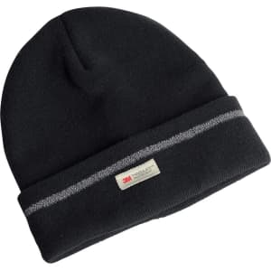 A black reflective beanie with a folded cuff and a small branded label. Reflective stripe included.