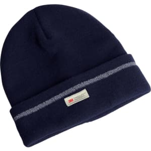 A navy beanie featuring a reflective stripe and a small logo label. Suitable for headwear.